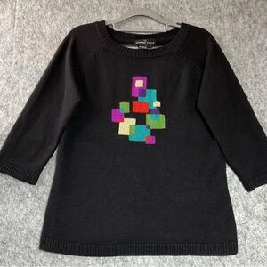 Carole Little Black Sweater with Multicolor Abstract Design Medium Vintage 90s